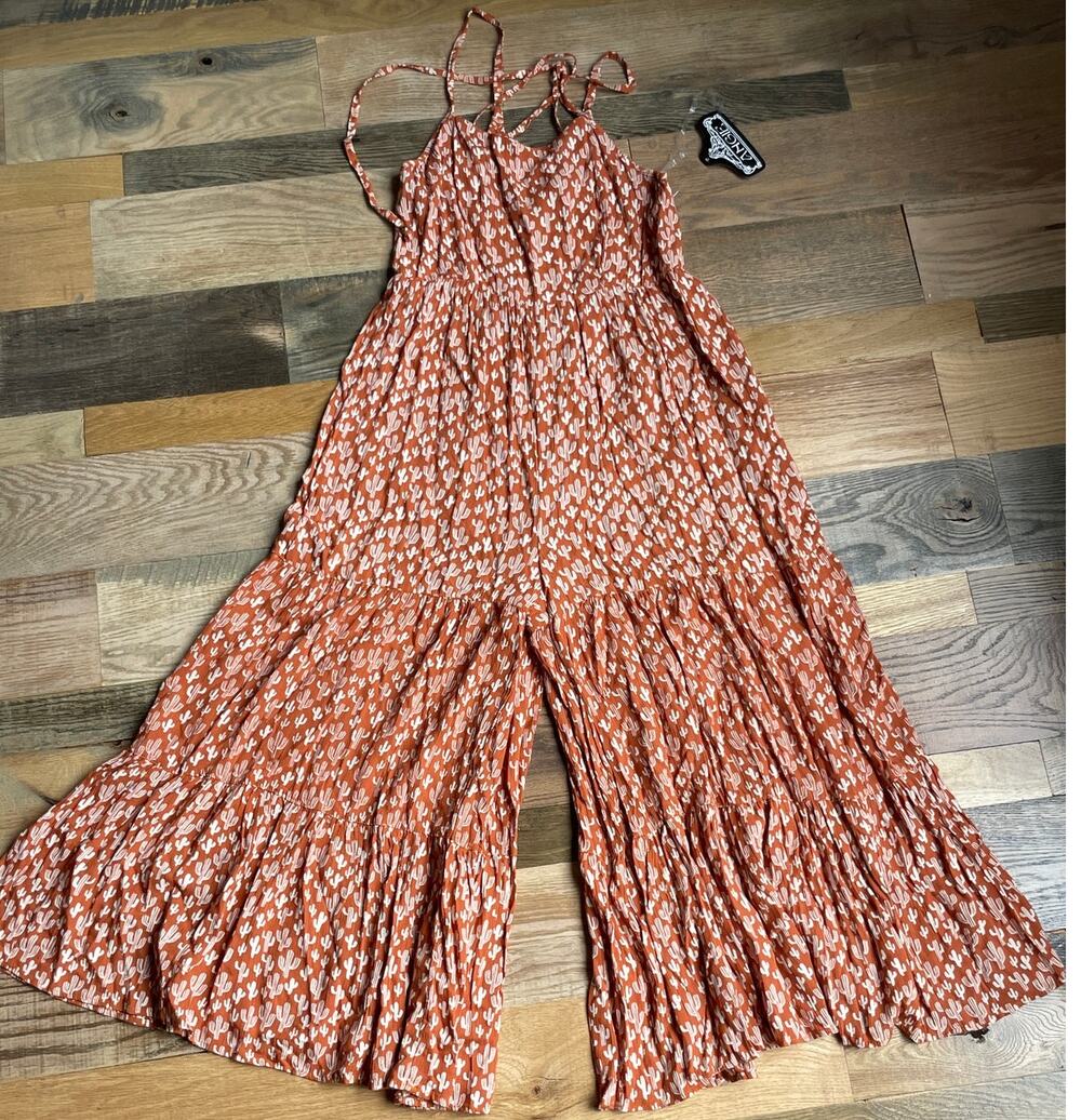 Angie Women's Small Rust Cactus Print Wide Leg Jumpsuit Boho Rayon